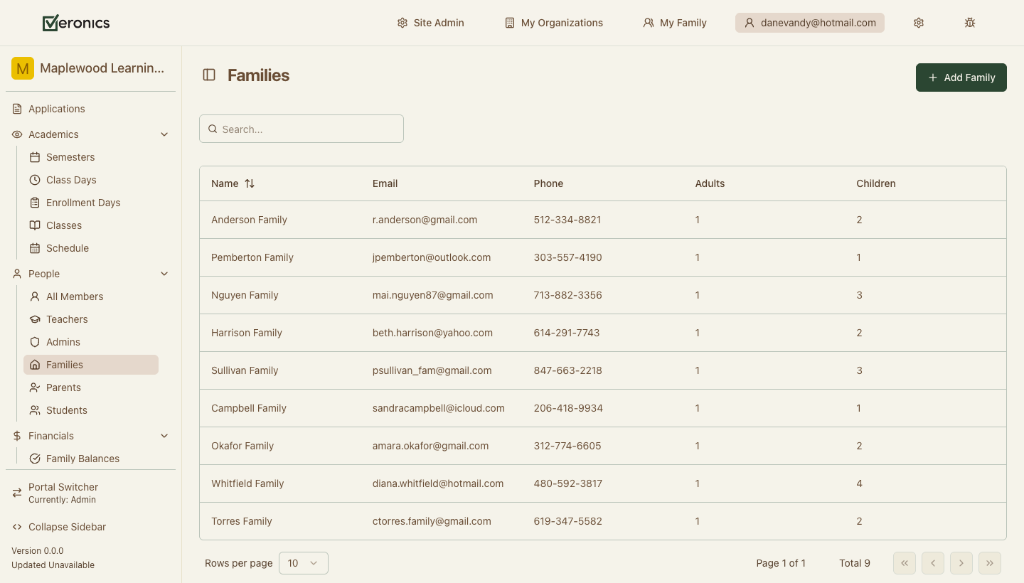 Veronics admin Families dashboard showing a list of families with adults and children counts